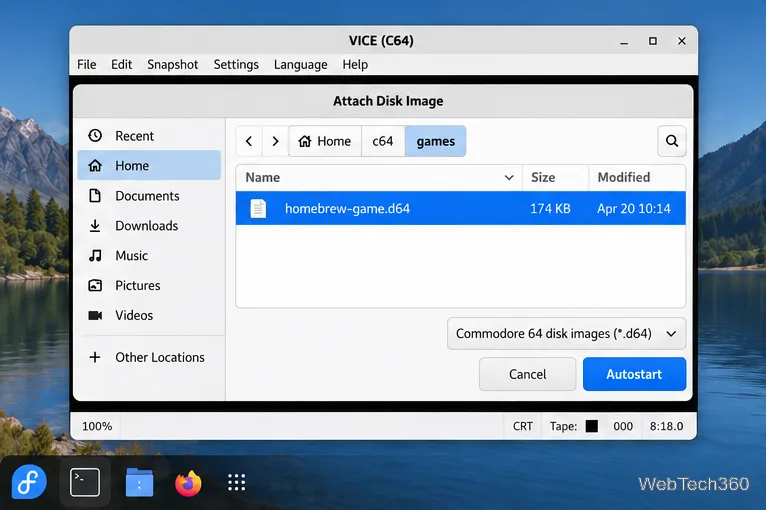 VICE file chooser with a selected homebrew-game.d64 disk image and the Autostart button