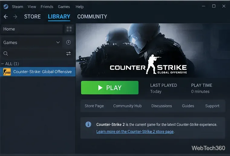 Counter-Strike Global Offensive selezionato nella libreria di Steam su Linux con il pulsante Gioca visibile