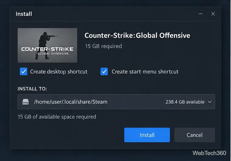 Finestra di dialogo di installazione di Steam per Counter-Strike Global Offensive con percorso della libreria Linux