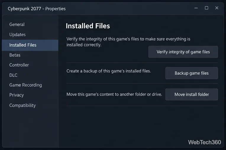 Pagina delle proprietà di Cyberpunk 2077 su Steam - File installati con Verifica integrità dei file di gioco