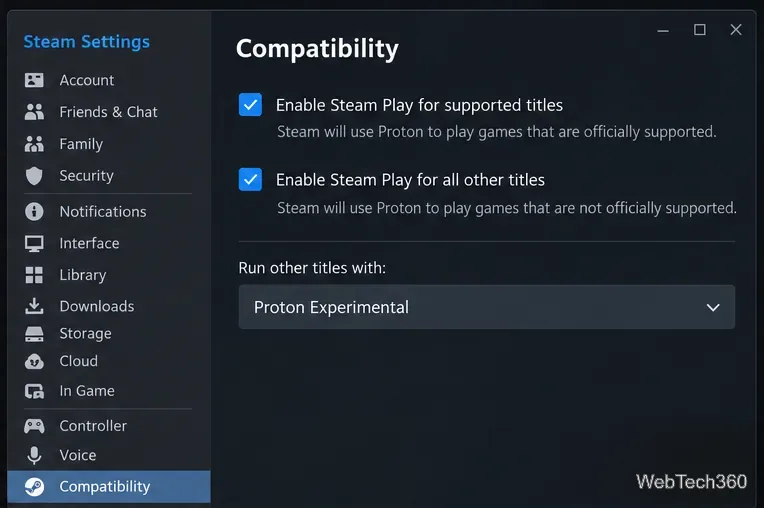 Pagina di compatibilità delle impostazioni di Steam con Steam Play abilitato e Proton Experimental disponibile