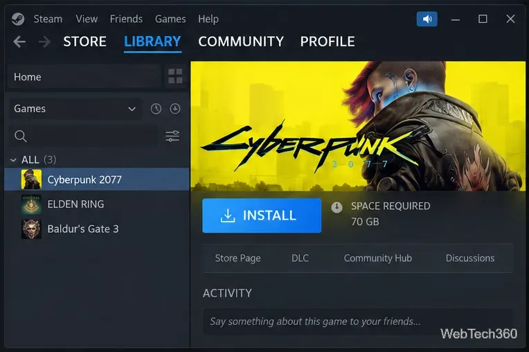 Nella libreria di Steam, Cyberpunk 2077 è selezionato e compare il pulsante Installa.