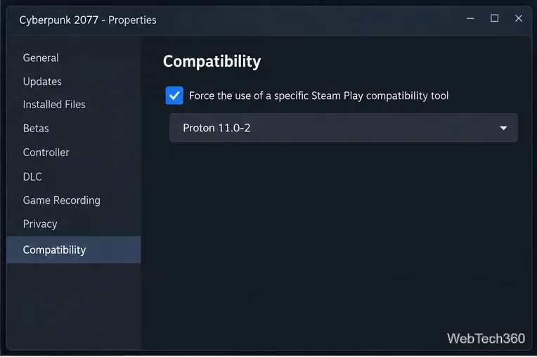 Pagina di compatibilità delle proprietà di Steam di Cyberpunk 2077 che forza Proton 11.0-2