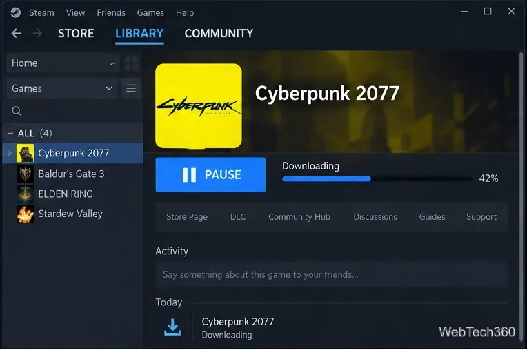 Download di Cyberpunk 2077 dalla libreria di Steam con barra di avanzamento visibile