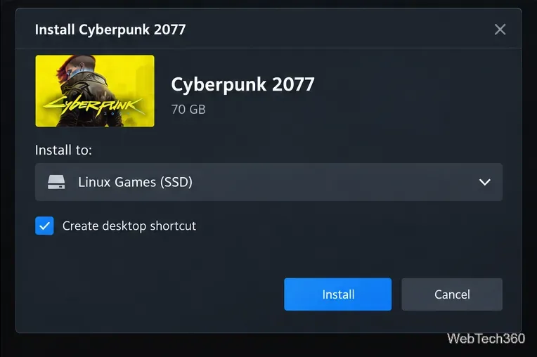 Finestra di dialogo di installazione di Steam per Cyberpunk 2077 con Linux Games SSD selezionato