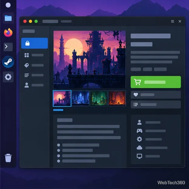 رسم توضيحي لصفحة منتج في متجر Steam مع معاينة للعبة وزر الشراء.
