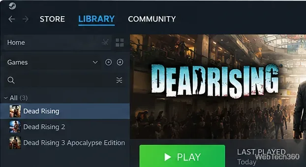 Steam Library with Dead Rising selected and the Play button visible