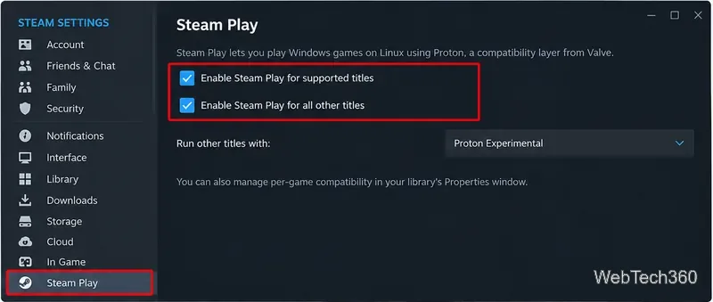 Steam compatibility settings with Steam Play enabled and Proton Experimental selected