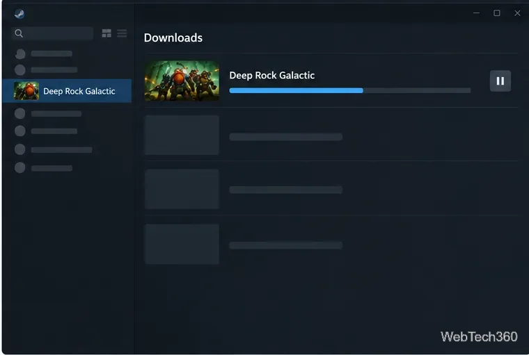 Die Steam-Downloadseite zeigt den laufenden Download von Deep Rock Galactic mit einem Downloadbalken an.