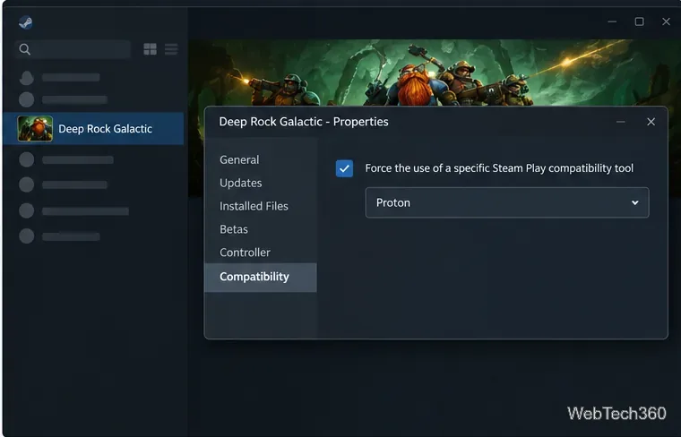 Deep Rock Galactic Properties startet im Kompatibilitätsmodus mit der Option, ein Steam Play-Kompatibilitätstool und einen Protonenselektor zu erzwingen.