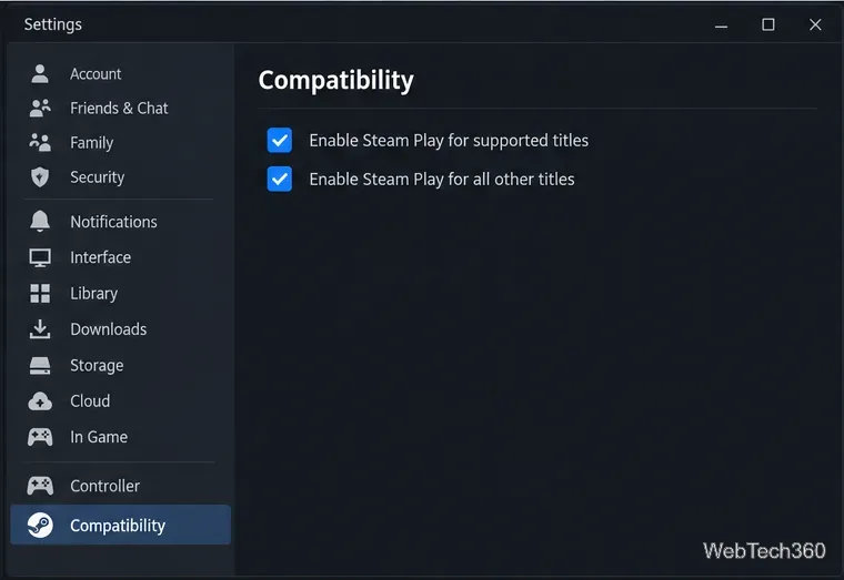 Steam-Einstellungen auf der Kompatibilitätsseite, auf der die unterstützten Titel und alle anderen Titel mit Steam Play-Kontrollkästchen angezeigt werden.