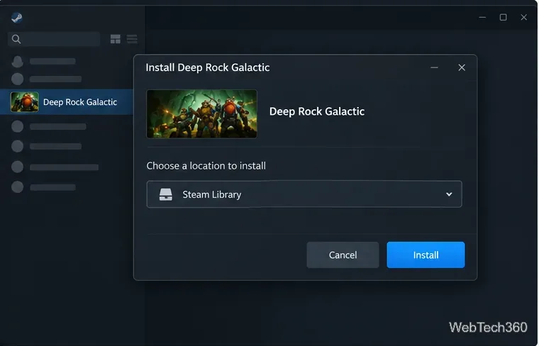 Der Installationsdialog von Steam Deep Rock Galactic mit einem Auswahlfeld für den Speicherort der Steam-Bibliothek und einer Schaltfläche „Installieren“.