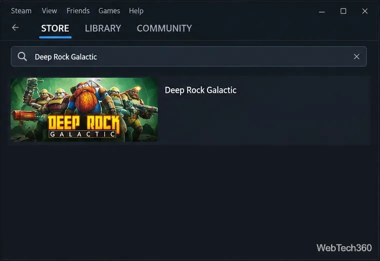Steam Store-Suchfeld mit Deep Rock Galactic und einem passenden Spieleeintrag.