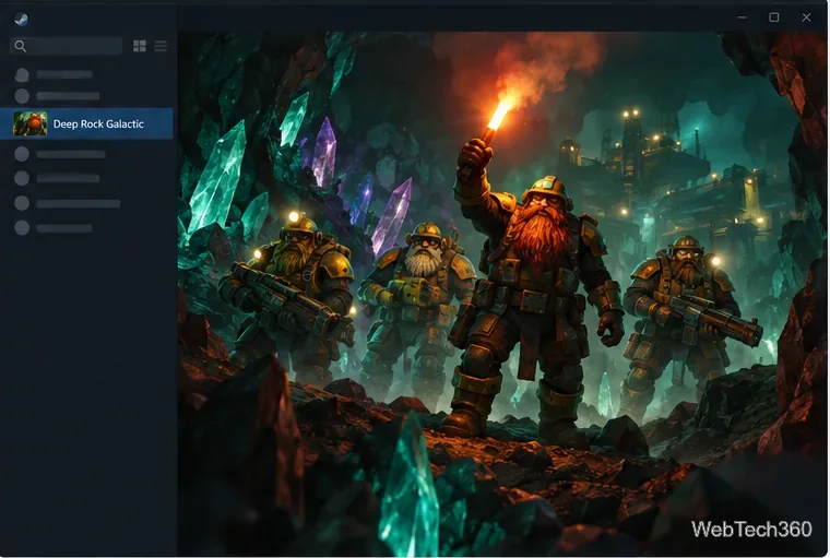 Konzeptszene mit vier gepanzerten Weltraumbergleuten, die eine Kristallhöhle erkunden; dargestellt neben einer Seitenleiste der Steam-Bibliothek.