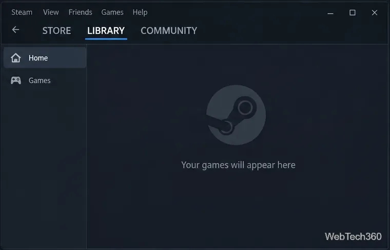Der Steam-Desktop-Client öffnet sich mit dem Reiter „Bibliothek“, wobei der Spielebereich bereit ist, die im Besitz befindlichen Titel anzuzeigen.
