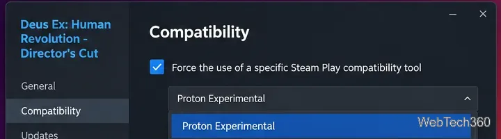 Deus Ex Human Revolution Director's CutでProton Experimentalが選択されたSteam互換性メニュー