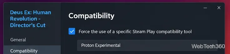 Steamゲームのプロパティ互換性ページには、Steam Play互換性ツールを強制的に使用するオプションがあります。