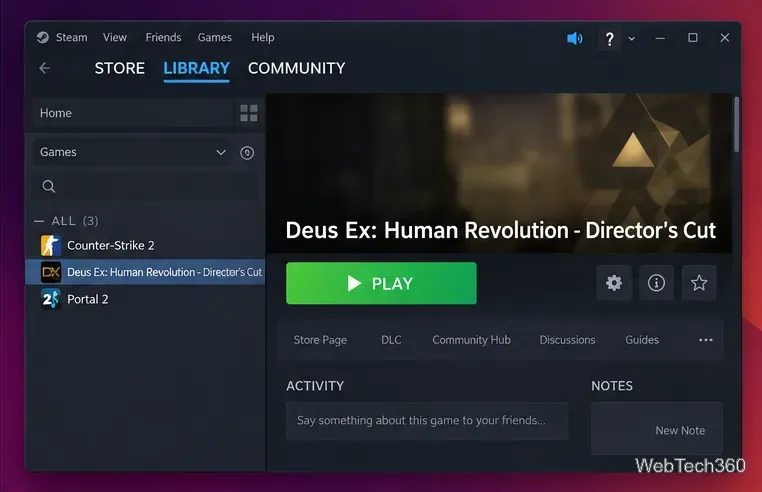 Steamライブラリには、再生ボタンで選択されたDeus Ex Human Revolution Director's Cutが表示されています。
