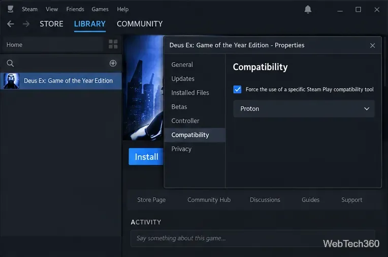 تفتح نافذة خصائص اللعبة على Steam على خيار التوافق مع تحديد خيار تجاوز Proton