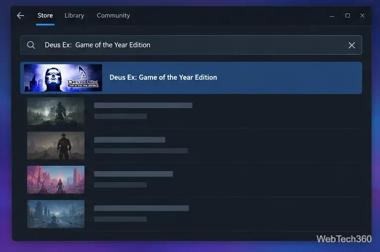 نتائج البحث في متجر ستيم مع تحديد لعبة Deus Ex: Game of the Year Edition