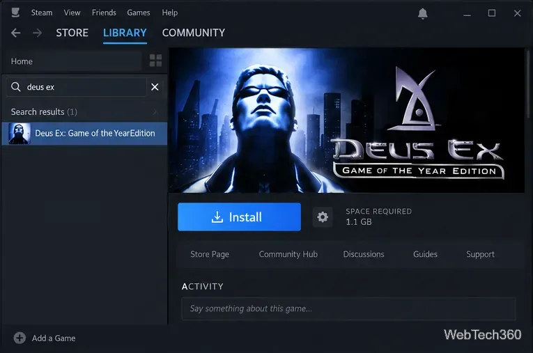 تم تحديد لعبة Deus Ex: Game of the Year Edition في مكتبة Steam مع ظهور زر التثبيت.