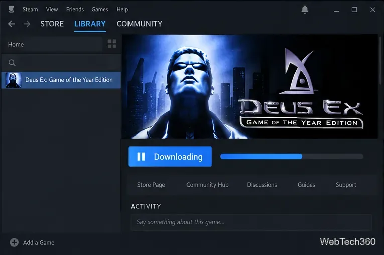 مكتبة ستيم تعرض عملية تنزيل لعبة Deus Ex مع شريط تقدم.