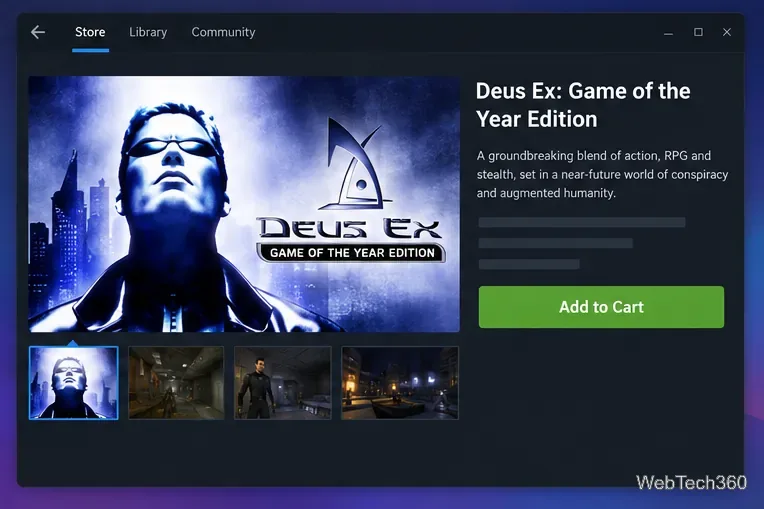 صفحة لعبة Deus Ex: Game of the Year Edition على متجر Steam مع زر "إضافة إلى السلة".