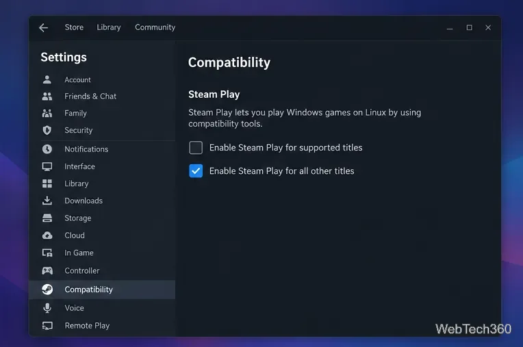 إعدادات Steam على نظام Linux مع تحديد خيار "تمكين Steam Play لجميع الألعاب الأخرى".