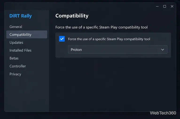 Exemplo ilustrativo da aba Compatibilidade das Propriedades do Steam com a caixa de seleção da ferramenta de compatibilidade do Steam Play e o seletor Proton.