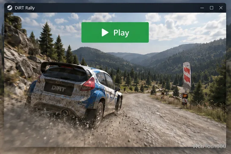 Ilustração da janela de pré-jogo de DiRT Rally com um botão "Jogar" acima de um carro de rali em uma estrada de cascalho.