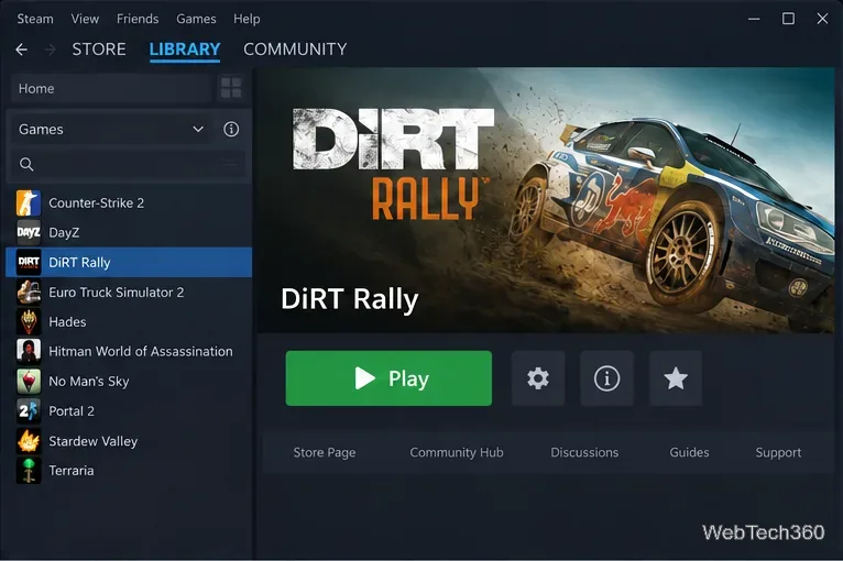 Visualização ilustrativa da Biblioteca Steam com DiRT Rally selecionado na lista de jogos.