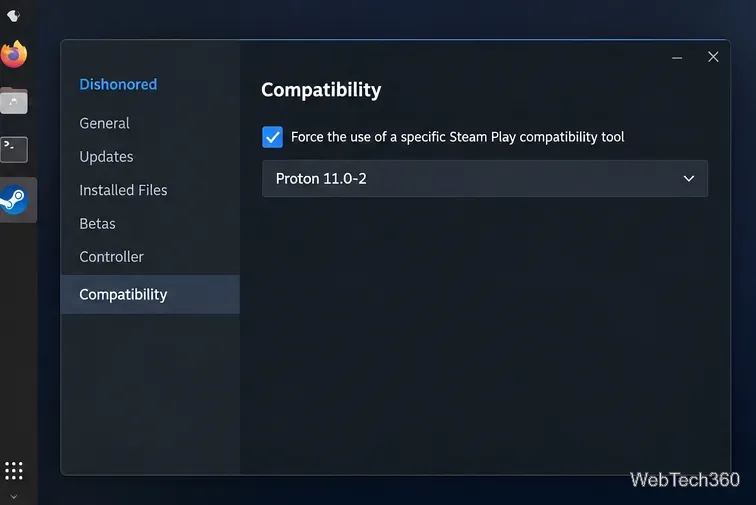 DishonoredのSteam互換性設定でProton 11.0-2が選択されている