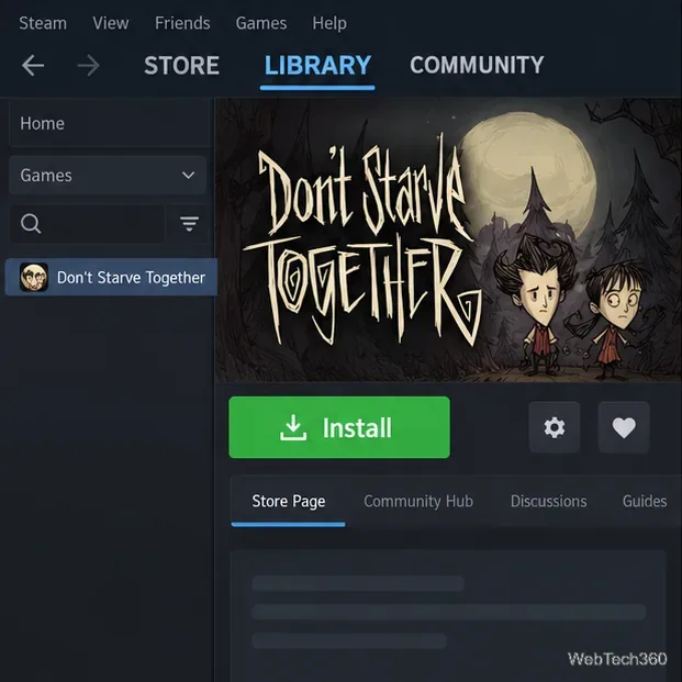 „Don’t Starve Together” selectat în Biblioteca Steam cu butonul Instalare