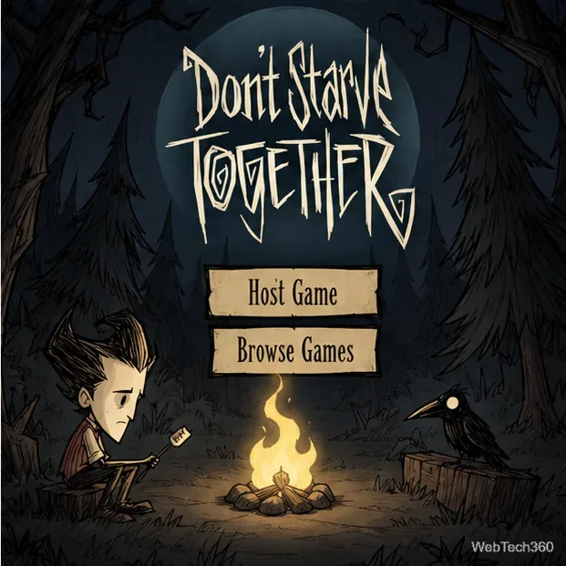 Meniul principal Don't Starve Together cu opțiunile Gazdă joc și Răsfoiește jocuri