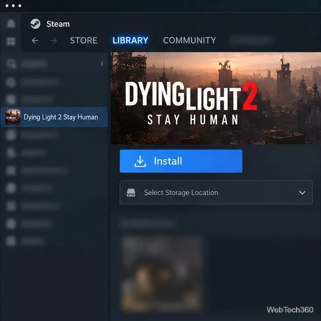 Иллюстрация игры Dying Light 2, выбранной в библиотеке Steam, с видимыми кнопкой «Установить» и селектором хранилища.