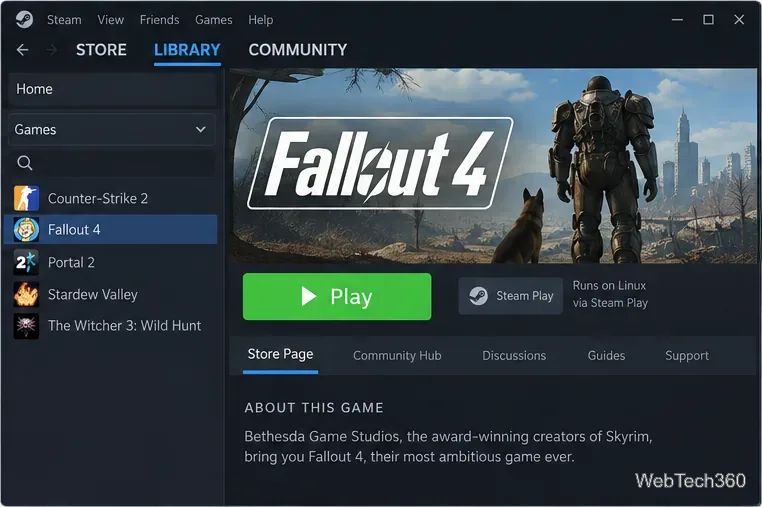 Fallout 4 in the Steam library with the Play button ready to launch through Steam Play