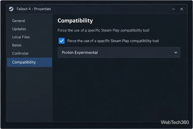 Fallout 4 Properties in Steam with the Compatibility tab and Proton Experimental selected