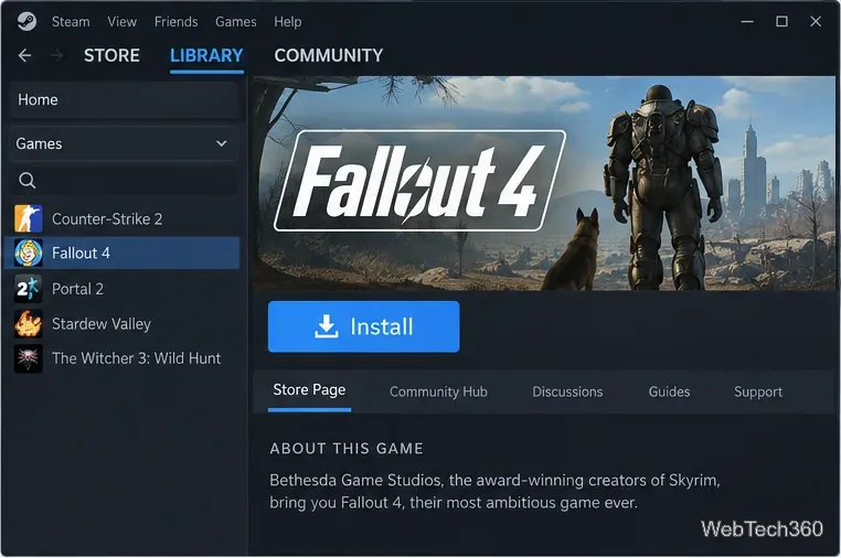 Fallout 4 selected in the Steam Linux library with the Install button visible
