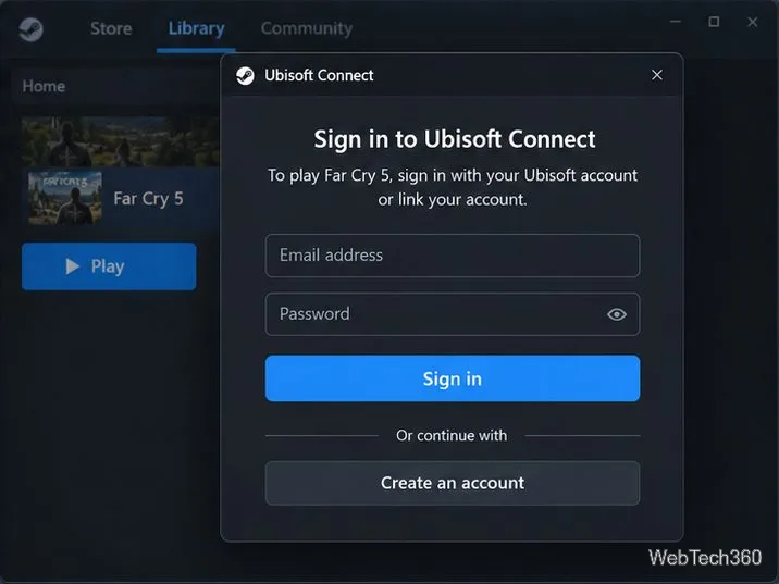 Во время первого запуска поверх библиотеки Steam появлялось окно входа в Ubisoft Connect.