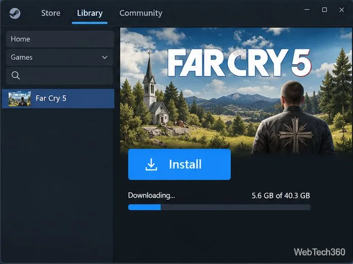 Страница игры Far Cry 5 в библиотеке Steam с кнопкой «Установить» и информацией о ходе загрузки.
