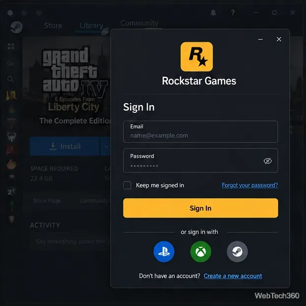 首次啟動時，Rockstar Games 登入視窗顯示在昏暗的 Steam 庫上方。