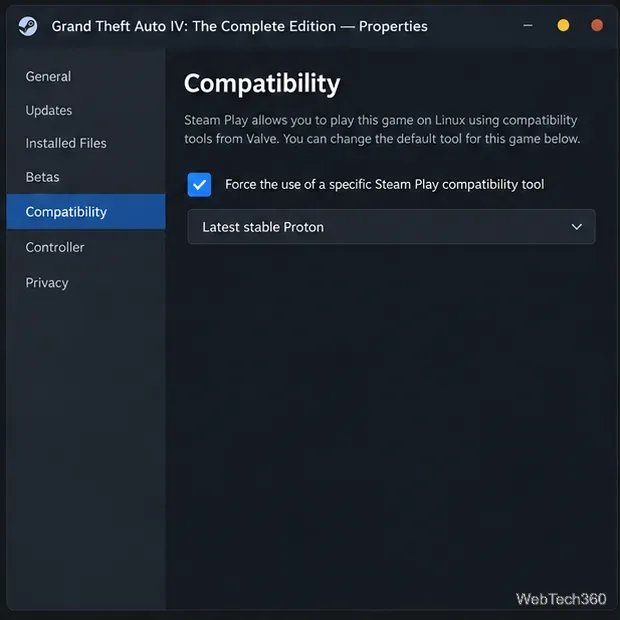 在啟用了遊戲內Steam Play工具選項並選擇了最新穩定版Proton的情況下，GTA IV屬性相容性頁面已啟用。