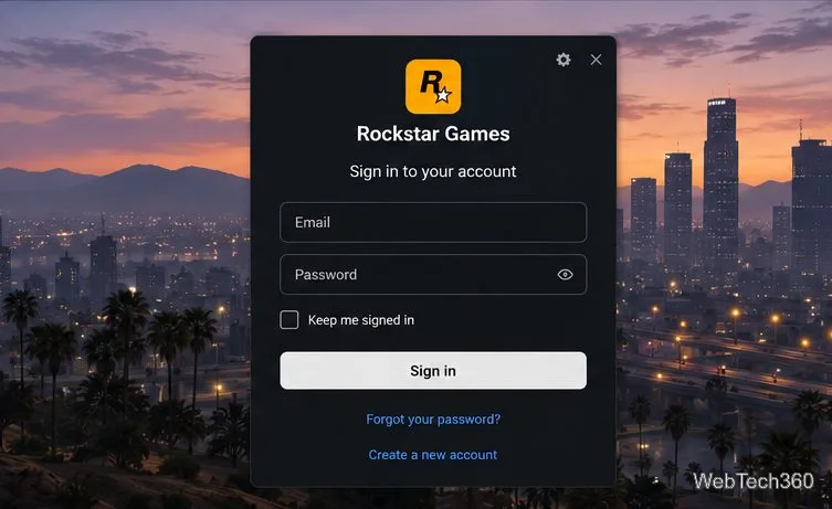 Un panneau de connexion Rockstar Games sur fond de ville au crépuscule, représentant l'invite de connexion au compte lors du premier lancement.