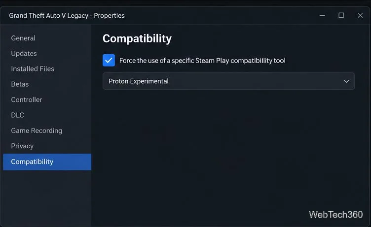 La boîte de dialogue Propriétés de Grand Theft Auto V Legacy sur Compatibilité, avec l'option d'outil de compatibilité spécifique cochée et Proton Experimental sélectionné.