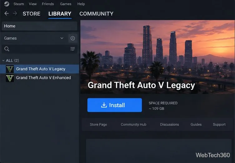 La bibliothèque Steam affiche Grand Theft Auto V Legacy et Grand Theft Auto V Enhanced comme des entrées distinctes, avec Legacy sélectionné et un bouton Installer.