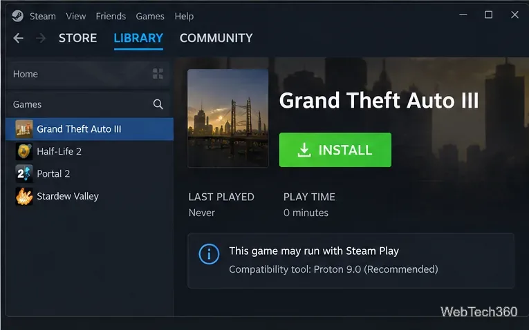 LinuxのSteamライブラリでGrand Theft Auto IIIが選択され、インストールボタンが表示されている。