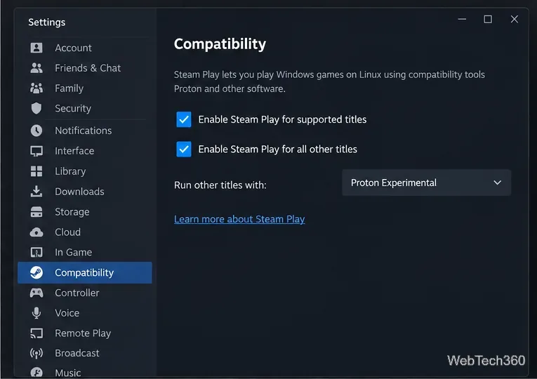 Steam Playオプションが有効になっているLinux上のSteam設定互換性ページ