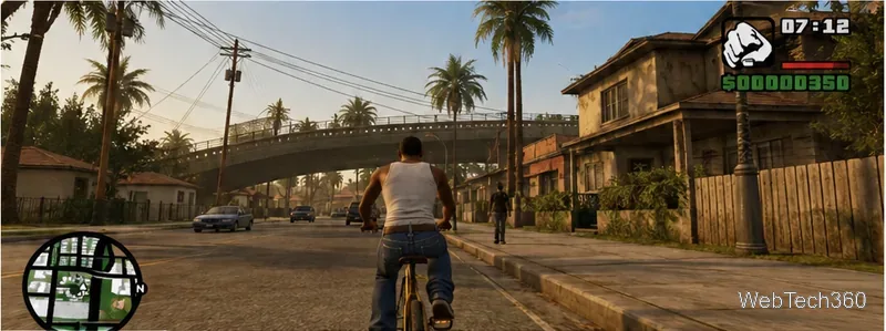 GTAサンアンドレアスのゲームプレイ風自転車シーンは、Linuxのローンチ成功を表している。