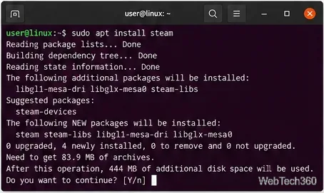 Ubuntuターミナルでsudo apt install steamコマンドを使用してSteamをインストールする
