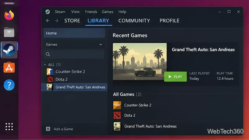 Linux上のSteamライブラリでGrand Theft Auto San Andreasが選択されています。